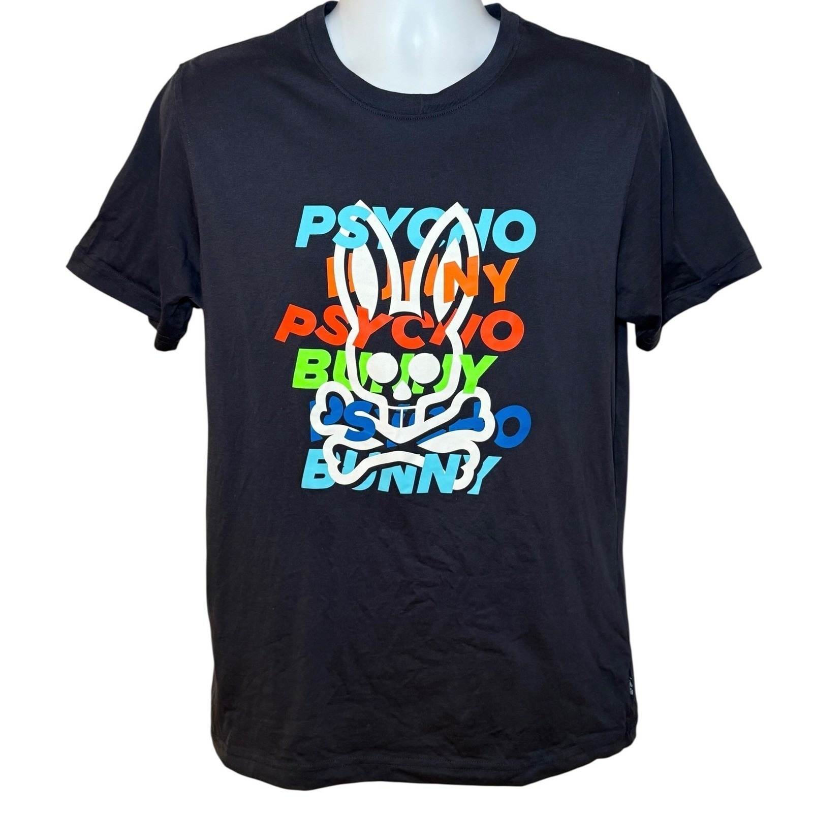 Psycho Bunny Mens Sz 5 Navy Multi Color Stacked Logo Pima Cotton Tee Crewneck